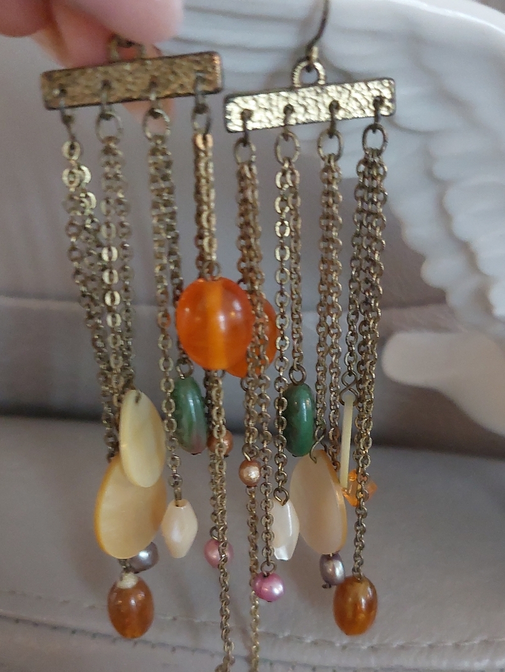 Boho Multi-Bead Dangle Earrings in Amber, Cream & Green